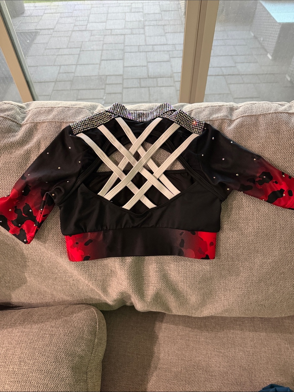 Girls Cheer Crop Top Hoodie with Rhinestone Detail - Black & Red - Picture 2 of 4